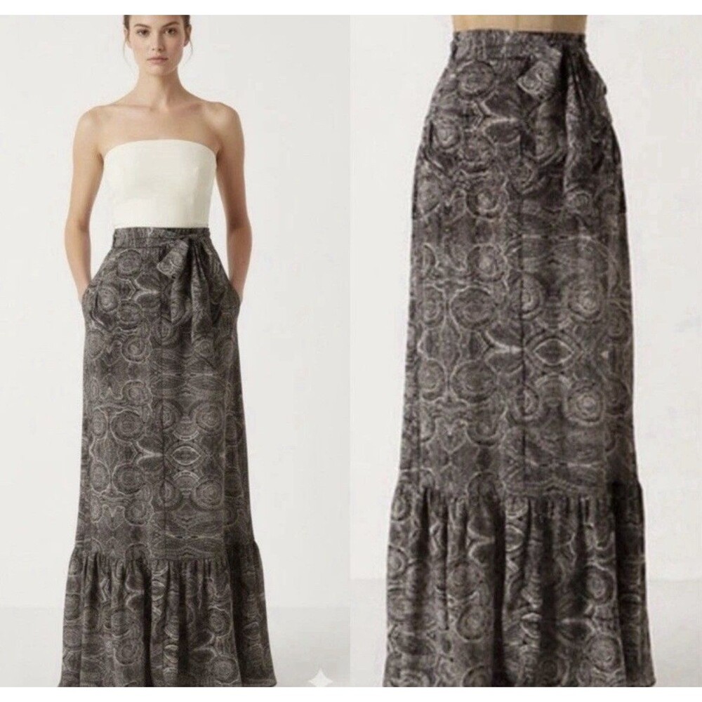Anthropologie Lil Sz 8 Imprint Fossil Print Maxi Skirt 100% Silk
